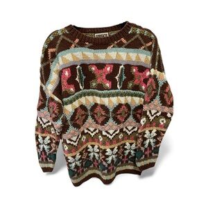 Forenza Hand Knit Vintage Sweater, Size M, Multicolored Pattern, Cotton Blend.